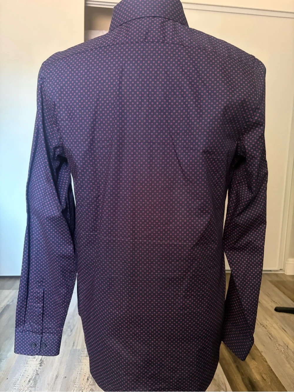 Express Men's Navy Button-Up Shirt Jacket with Small Pink Pattern